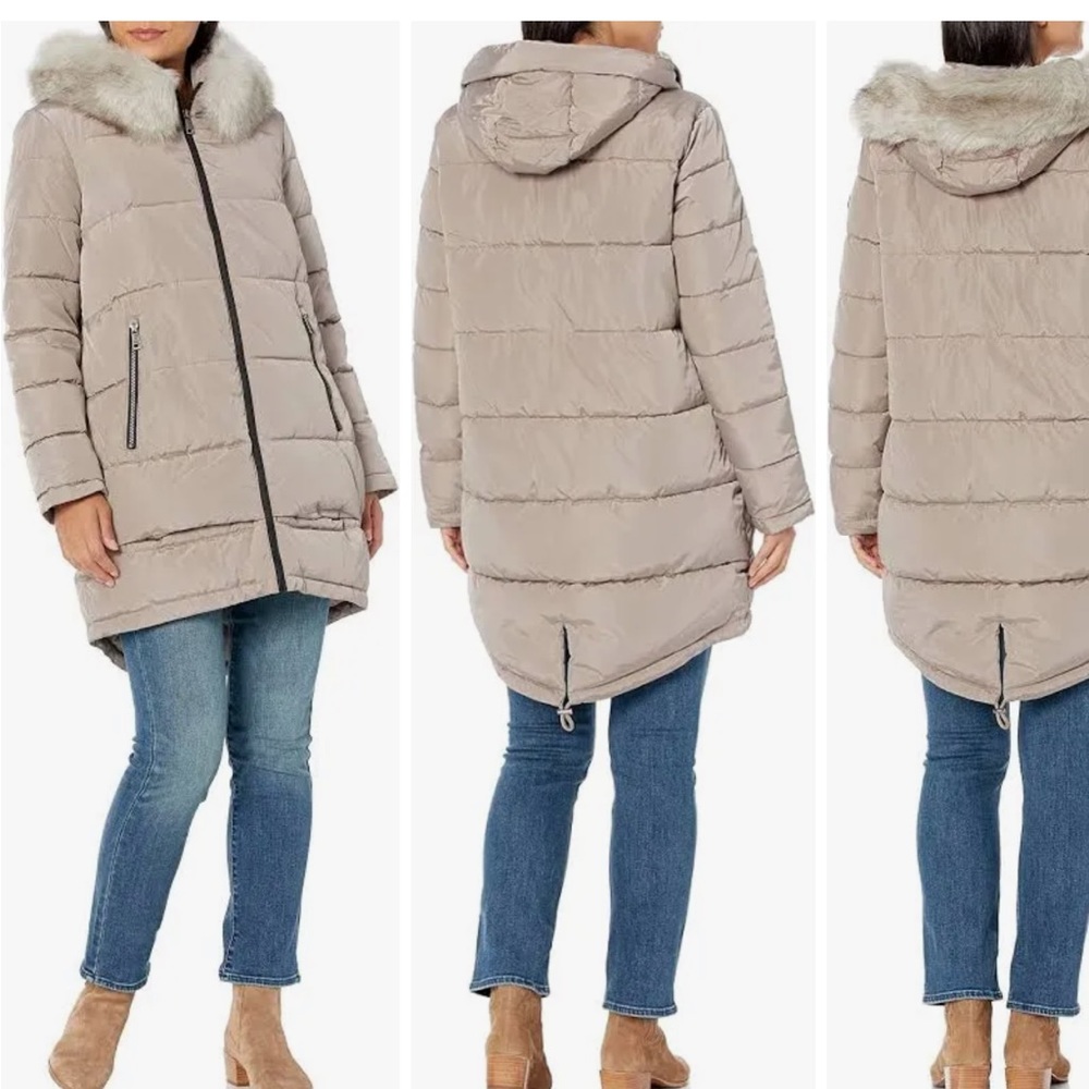DKNY Faux Fur hood midi puffer - light grey- women size M